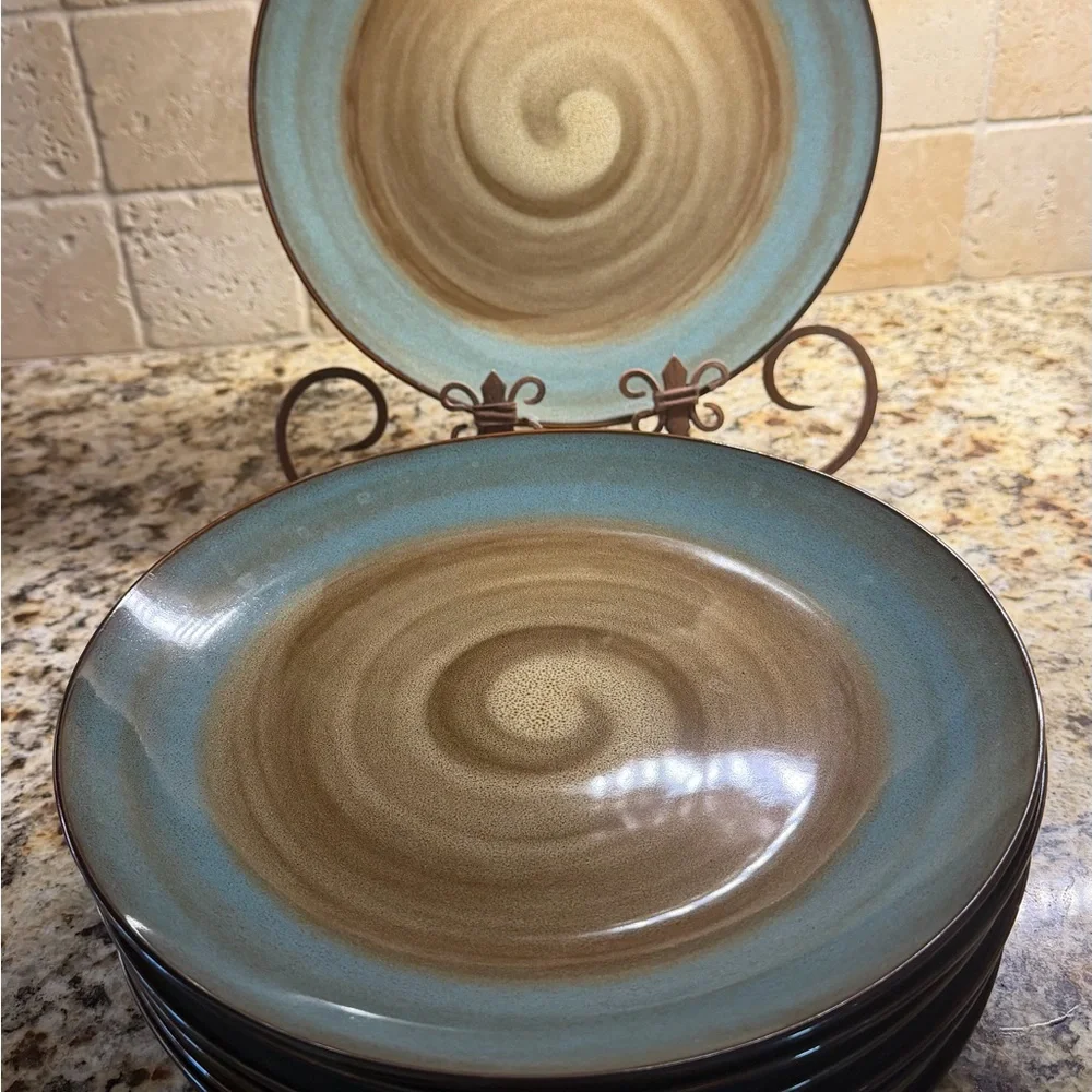 Stoneware Swirl Dinner Plates in Teal and Brown - Set of 8